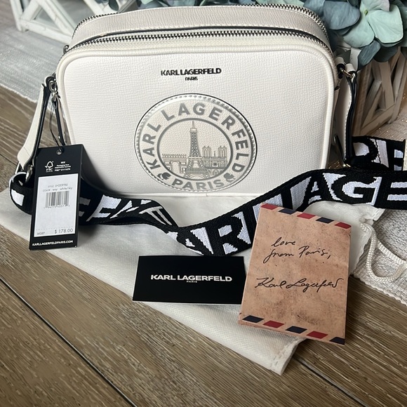 NWT Karl Lagerfeld Paris White Crossbody w/ Guitar Strap Silver Hardware Dustbag - Picture 10 of 10